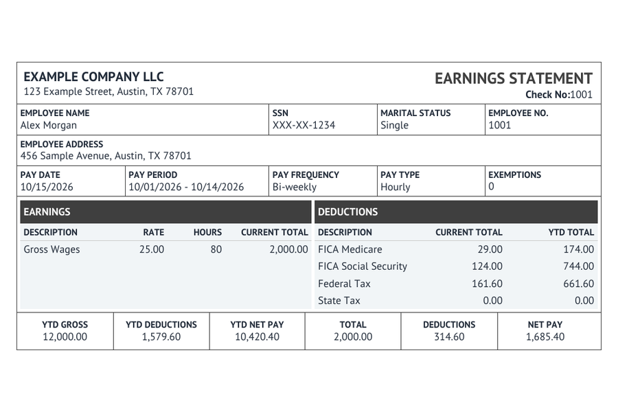 Classic pay stub sample