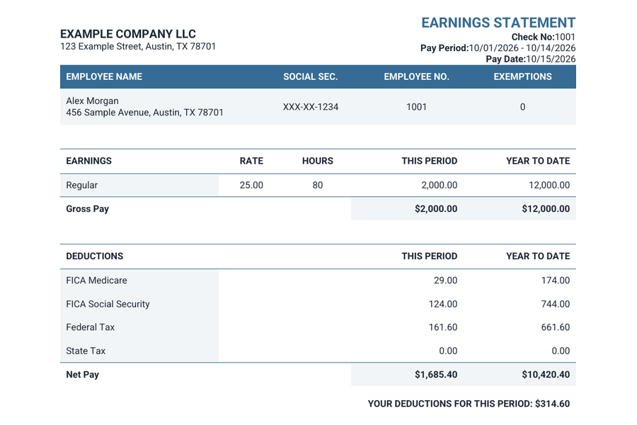 Modern pay stub template with sample earnings and deductions